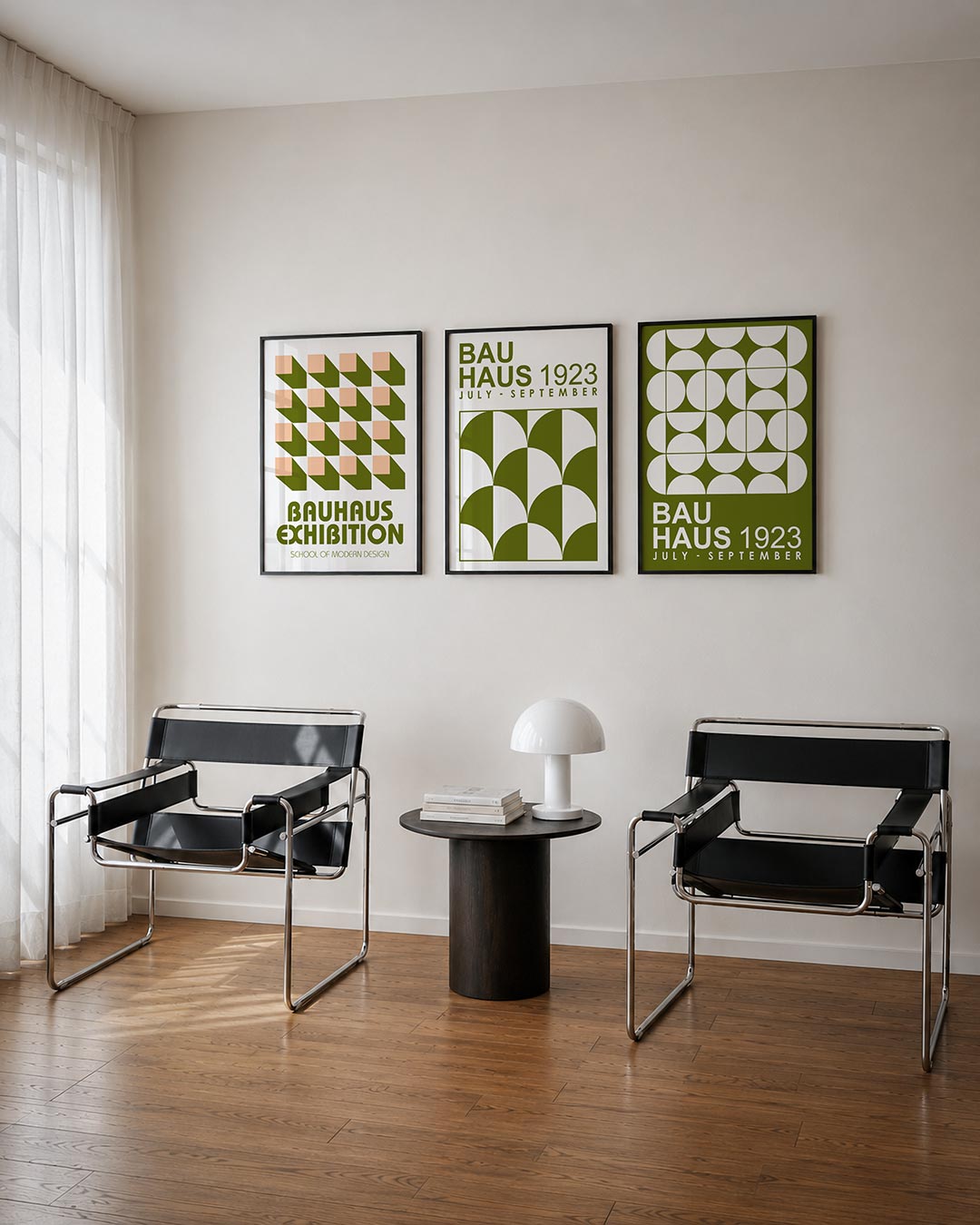 Vorm en schaduw driedelige posterset – deze posterset in drie delen toont een ritmisch patroon van roze en olijfgroene