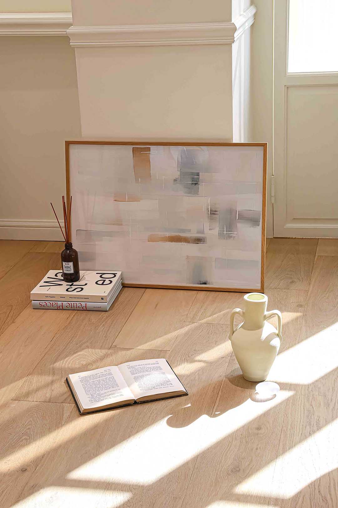 Abstracte beige en grijze vlakken – liggende abstracte wanddecoratie van WallArtistic