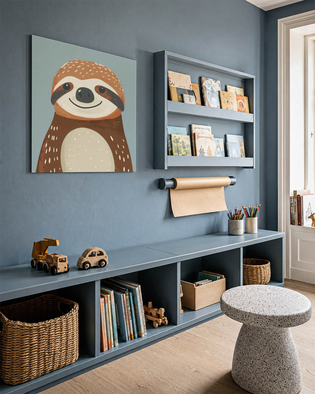 Illustratie van een luiaard kunstwerk – detailweergave – dit beeld toont een glimlachende luiaard met speelse stippen en