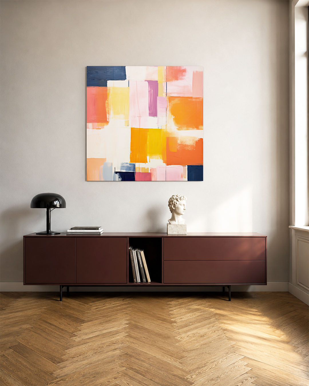 Kleurrijke geometrie kunstwerk – tweede productweergave – dit kunstwerk toont een levendige compositie van rechthoeken in