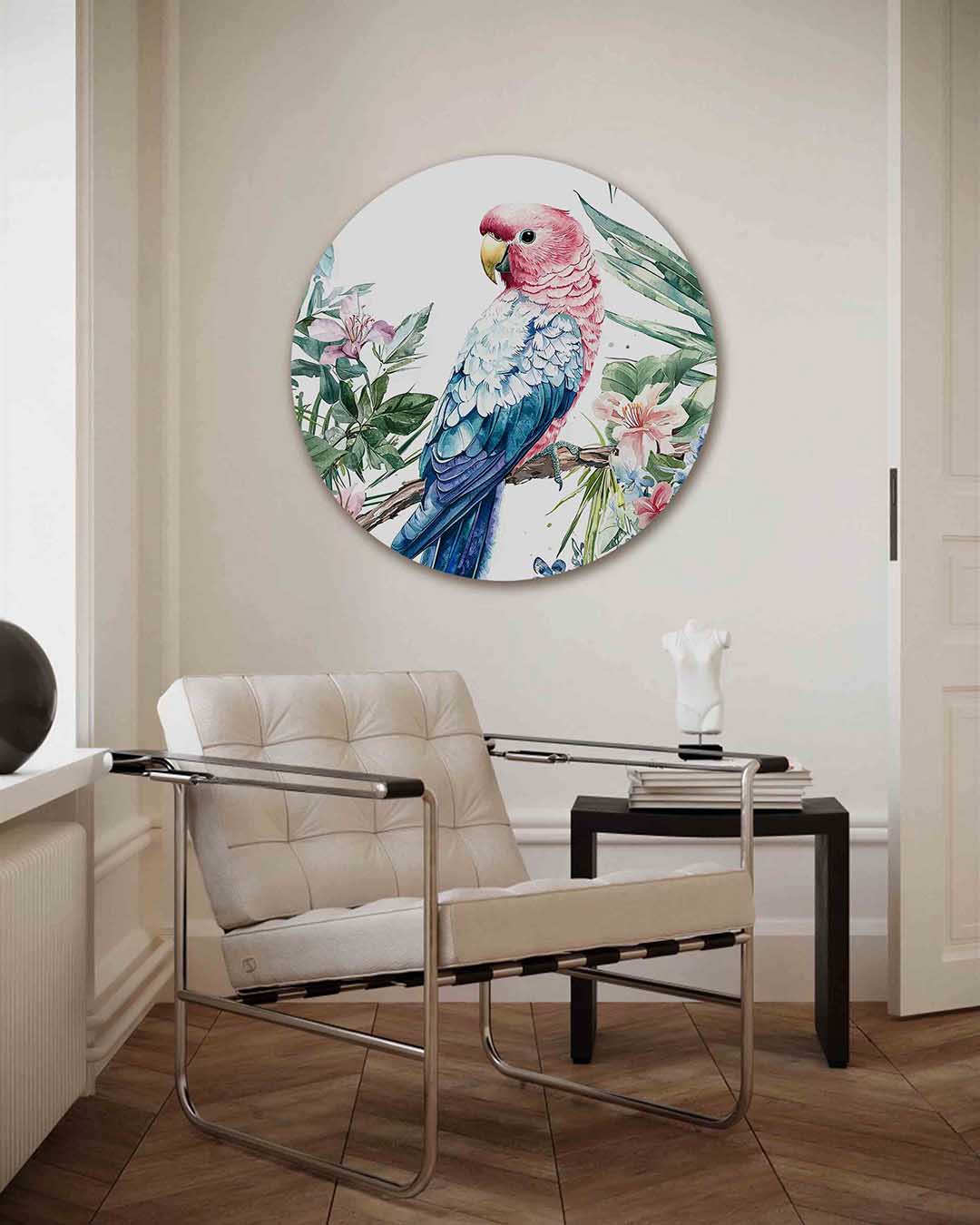 Papegaai en bloemen – kleurrijke illustratie muurcirkel als wanddecoratie