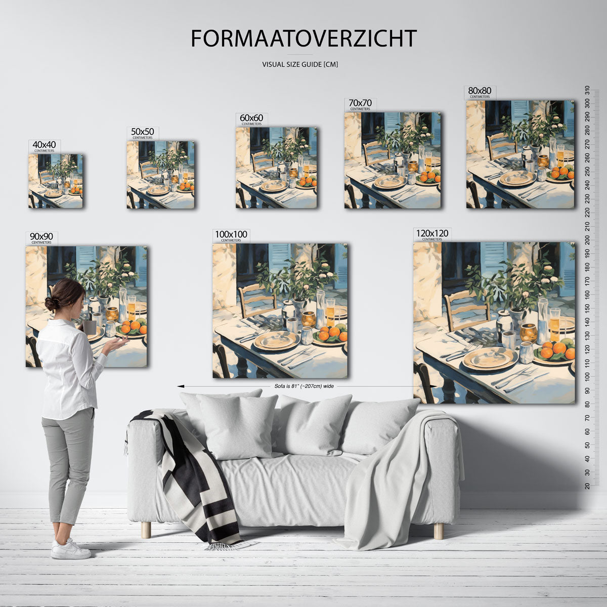 Ontbijttafel met fruit – vierkante muurposter met bloemen