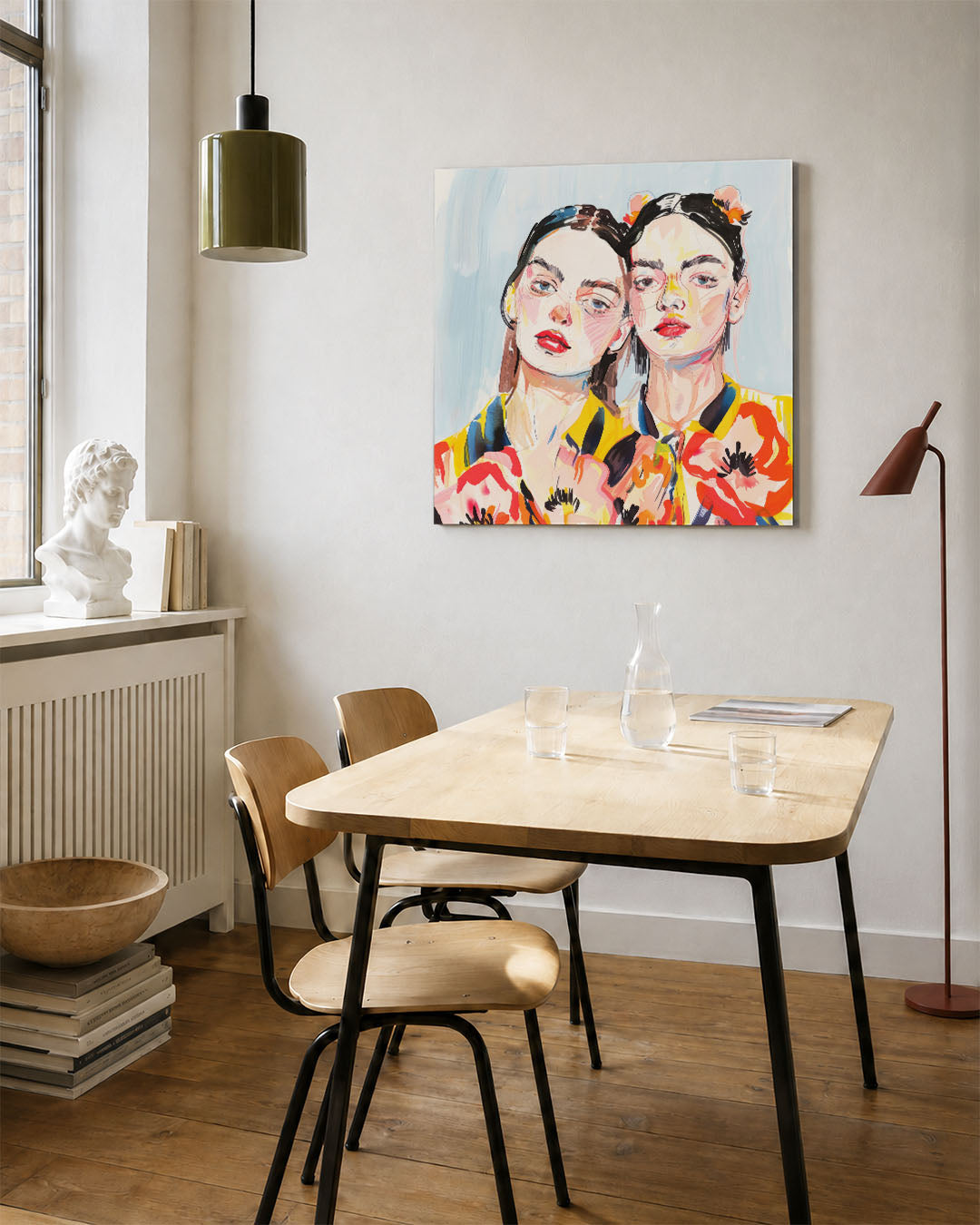 Portretten kunstwerk – vierkante wanddecoratie – dit werk toont twee gezichten met levendige kleuren en gedurfde lijnen, die