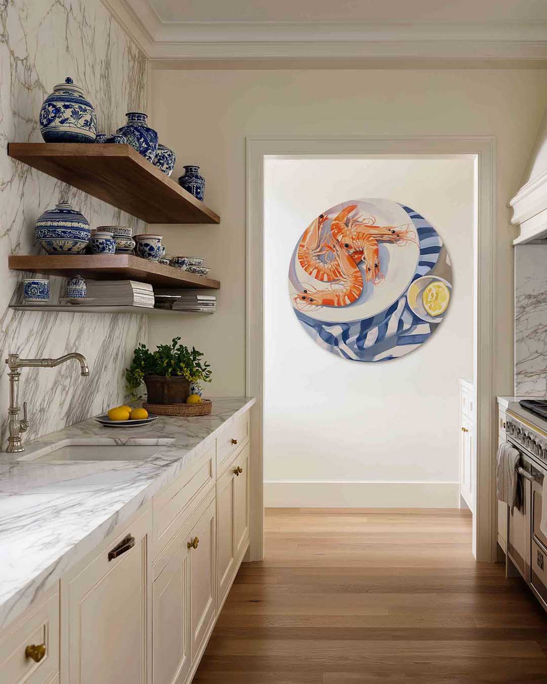 Garnalen op bord – moderne abstracte muurcirkel voor aan de muur