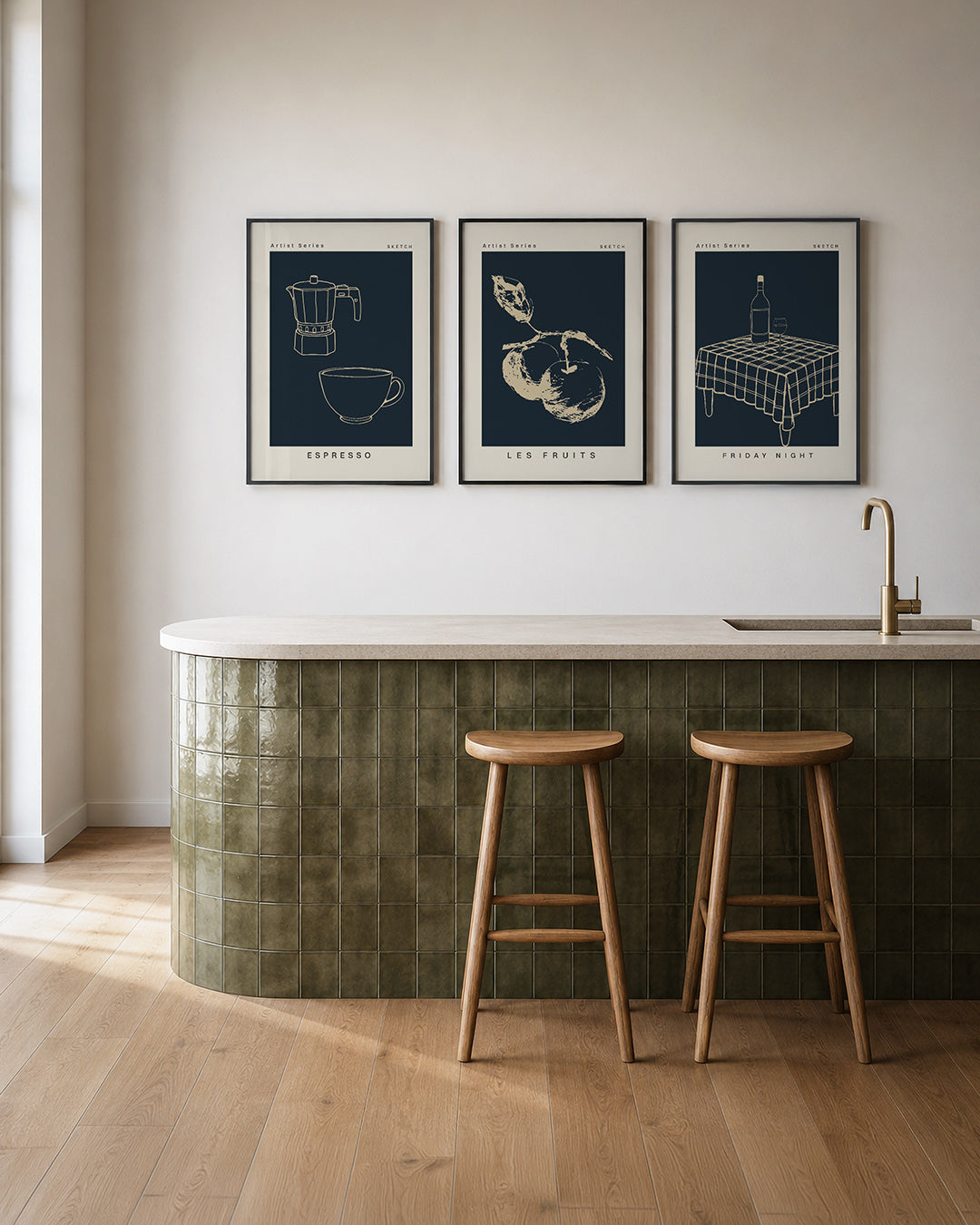 Lijnen en koffie posterset – tweede productweergave – deze posterset in drie delen toont een eenvoudige schets van een