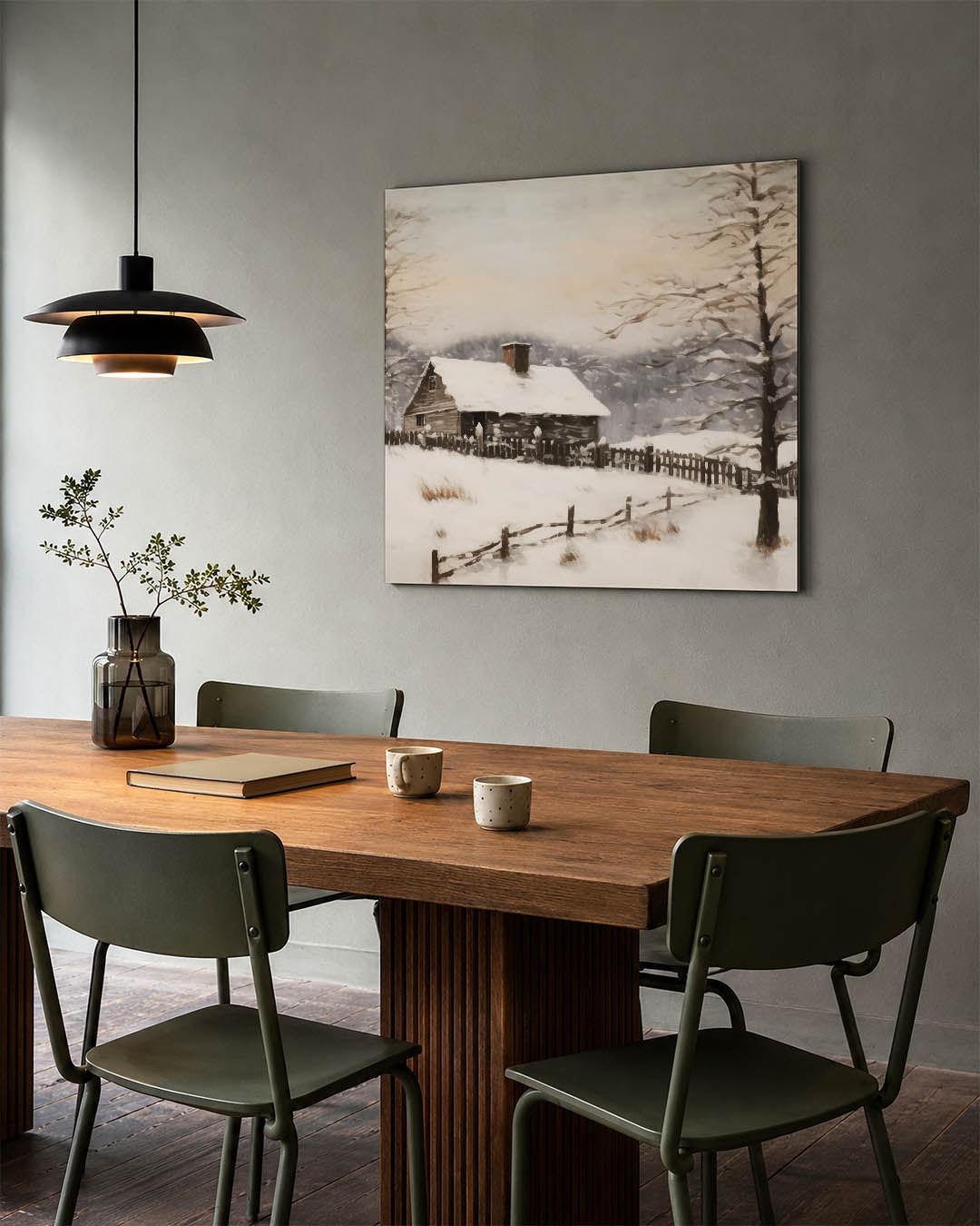 Winterlandschap met huis kunstwerk – tweede productweergave – dit werk toont een huis in een besneeuwd landschap, omgeven
