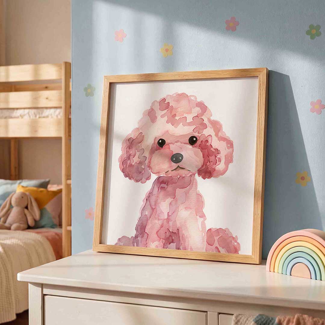 Roze poedel – speelse wandkunst als vierkante kinderposter