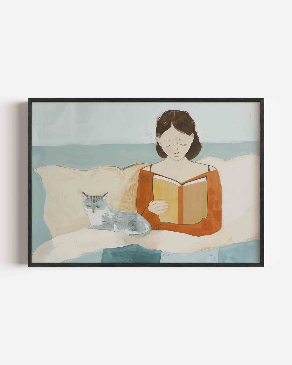 Lezende vrouw met kat – hedendaagse illustratie poster in landscape formaat