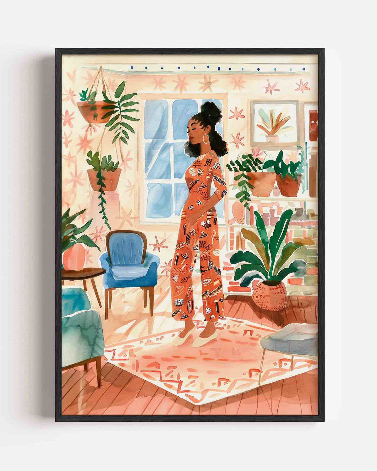 Vrouw in kleurrijke kamer – kleurrijke illustratie portret poster als wanddecoratie
