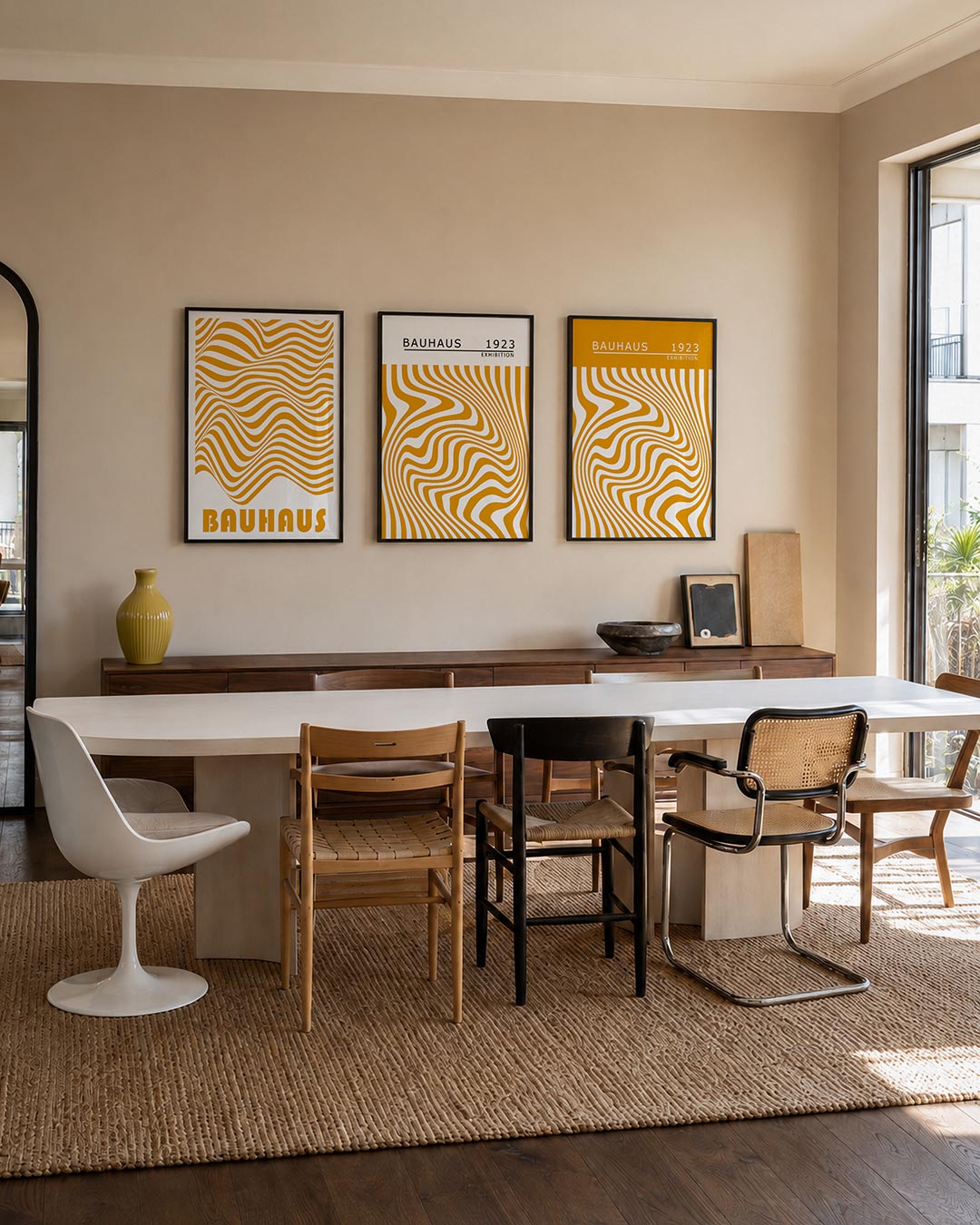 Golvend lijnenspel driedelige posterset – deze posterset toont een dynamisch lijnenspel in warme oranje tinten. De golvende