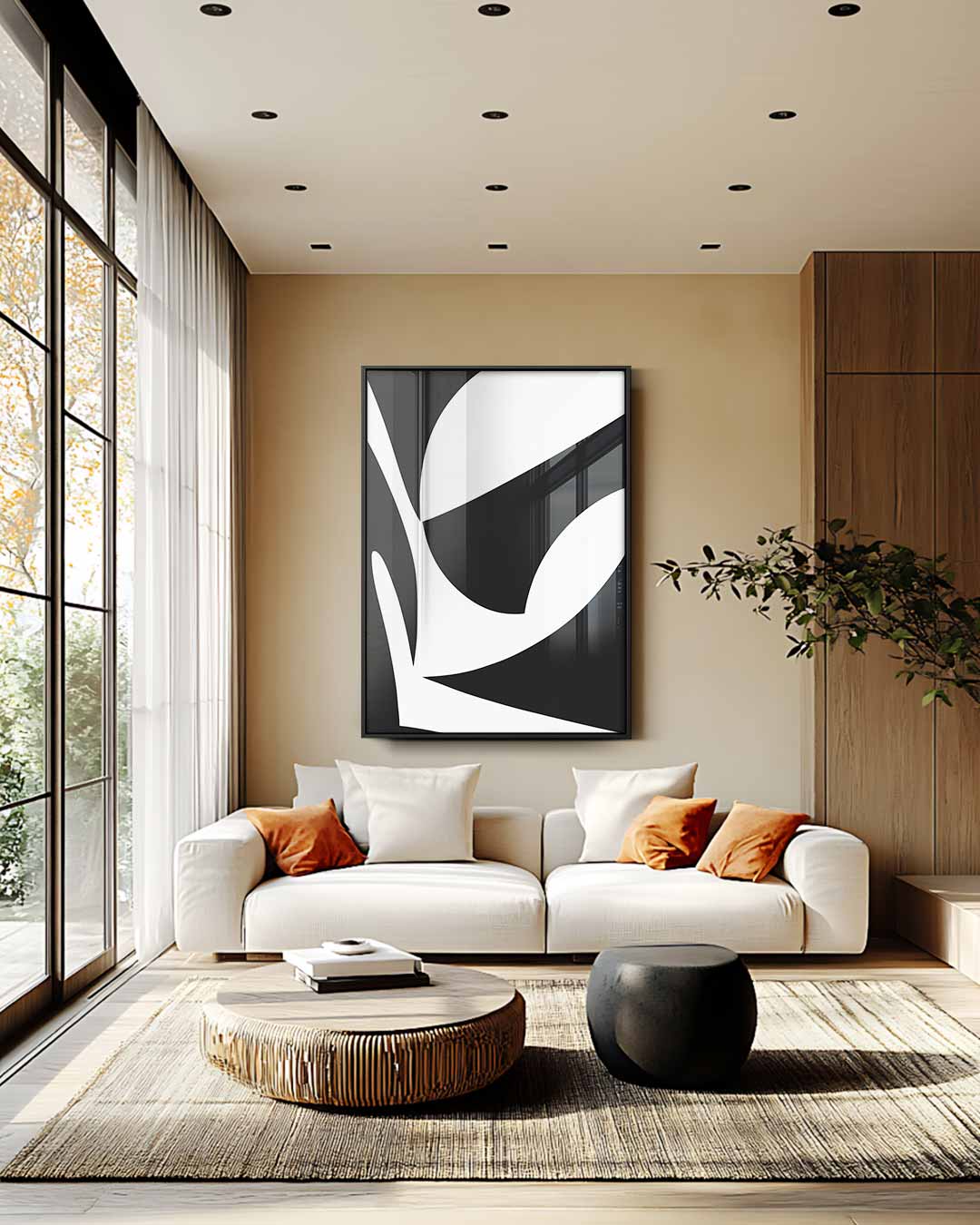 Abstracte Zwart-Witte Compositie – staande wandkunst voor woonkamer of interieur