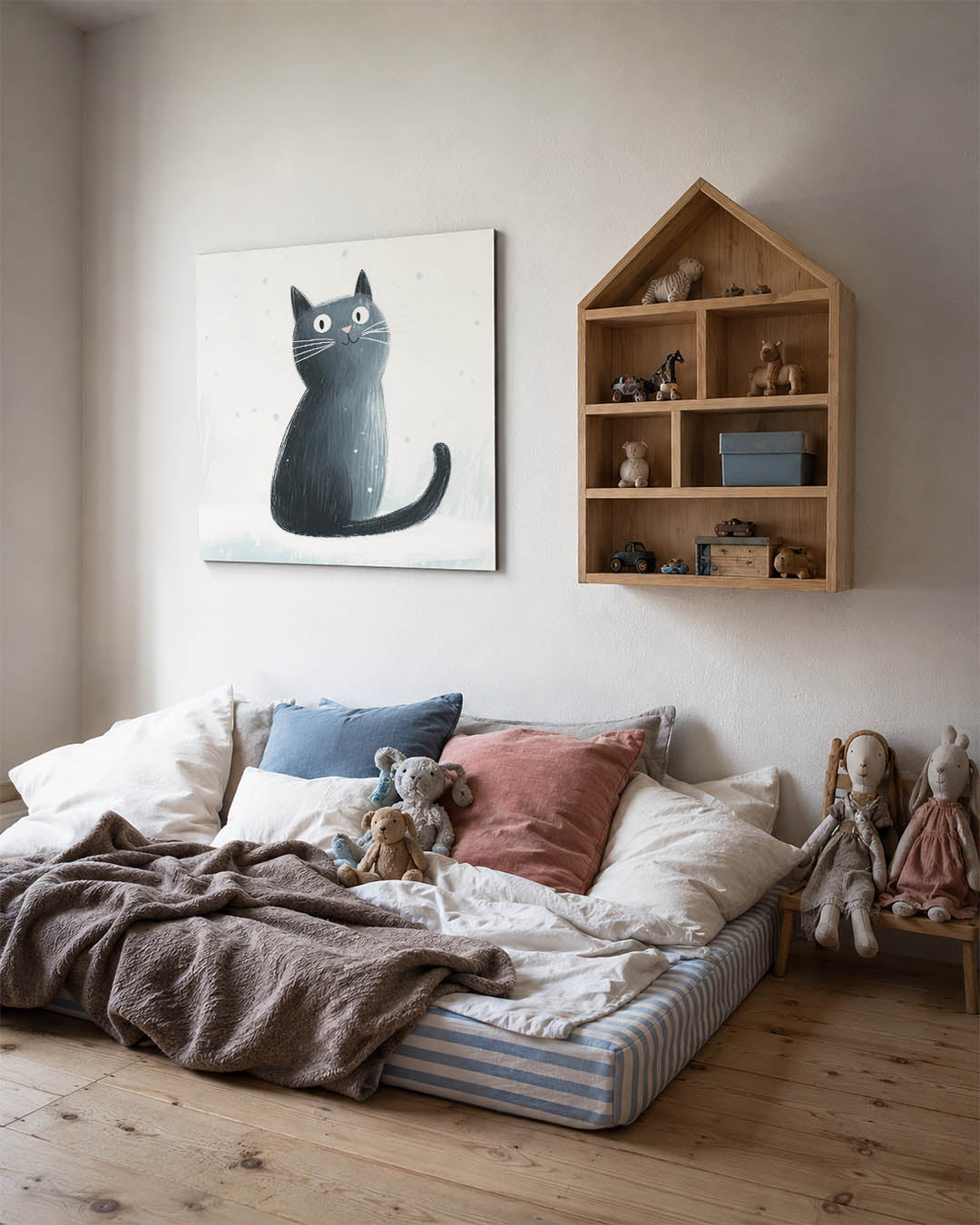Speelse kat illustratie kunstwerk – derde productweergave – dit kunstwerk toont een speelse kat met grote ogen tegen een