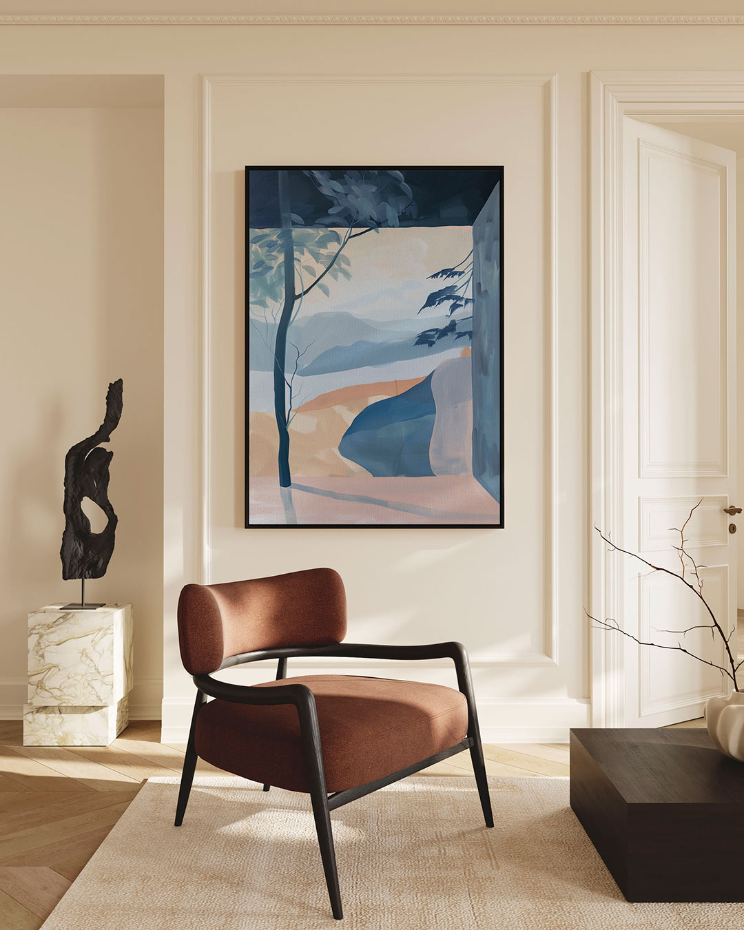 Landschap met blauwe tinten – staand wanddecoratie kunstwerk