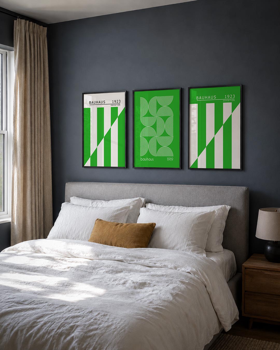 Groene lijnenspel posterset – detailweergave – deze posterset in drie delen toont een levendig spel van groene en witte