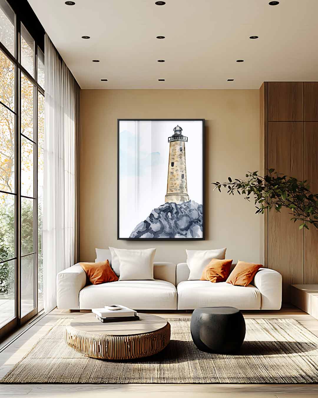 Vuurtoren op de rotst – staand kunstwerk voor modern interieur