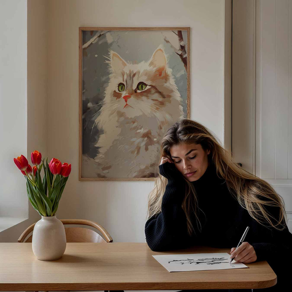 Winterse Kat Kunstposter – staande dieren wanddecoratie van WallArtistic