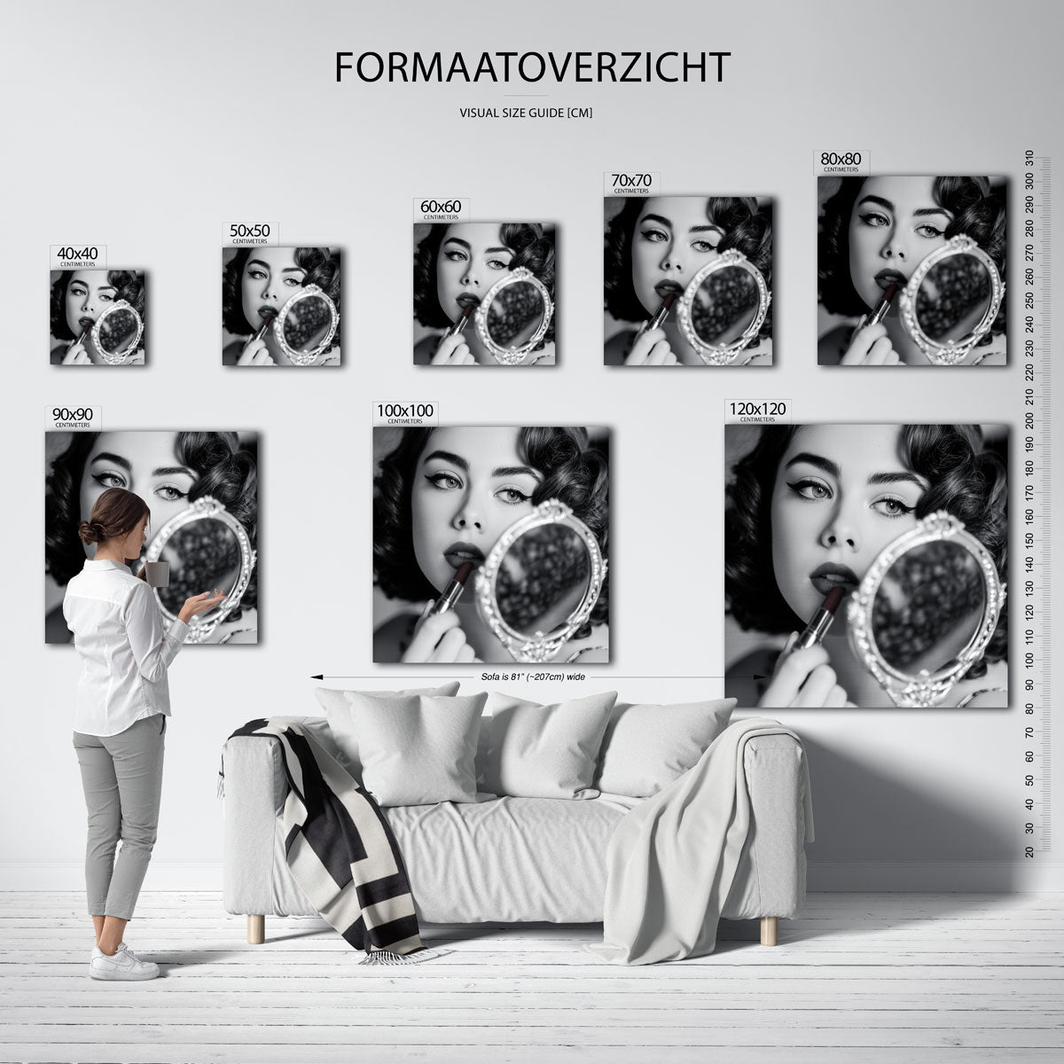 Vrouw met spiegel – kleurrijke vierkante muurposter in Pop Art stijl