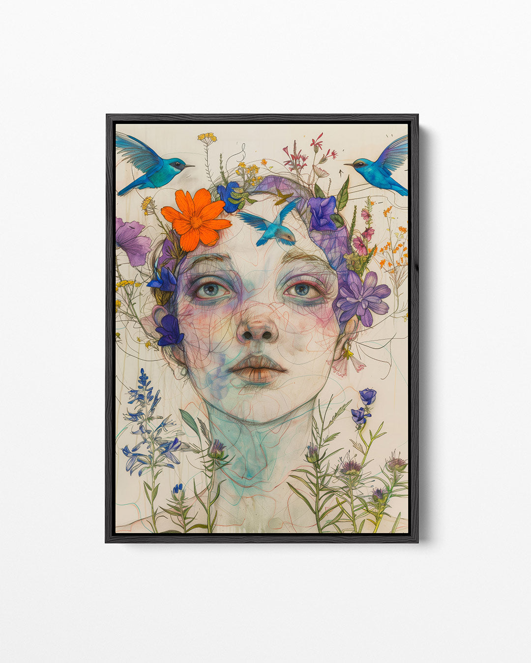 Vrouw met bloemen en vogels – Vrouwelijk – staand wanddecoratie kunstwerk