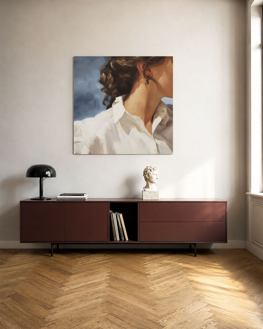 Portretstudie kunstwerk – tweede productweergave – dit werk toont een vrouw in een witte blouse tegen een blauwe achtergrond.
