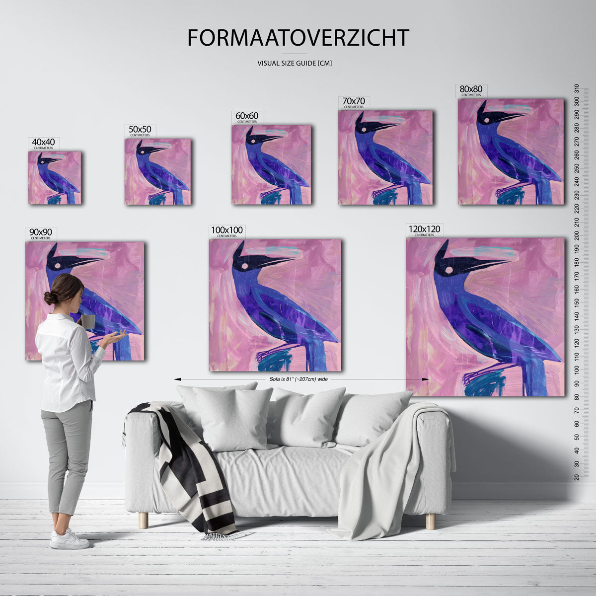 Vogel in paarse tinten – vierkante jungle wanddecoratie van WallArtistic