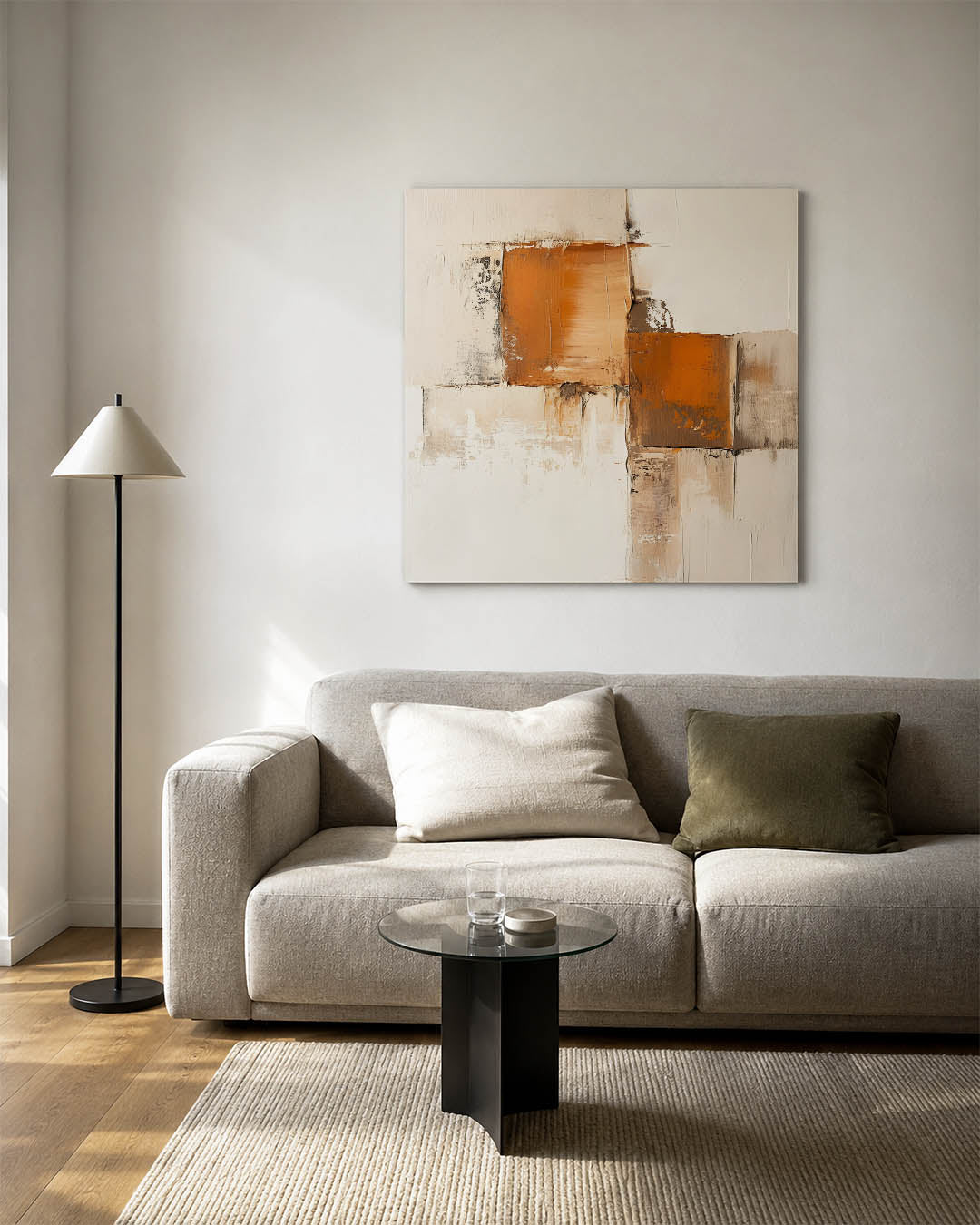 Geometrische vormen kunstwerk – vierkante wanddecoratie – dit werk toont een compositie van rechthoeken in aardetinten. De