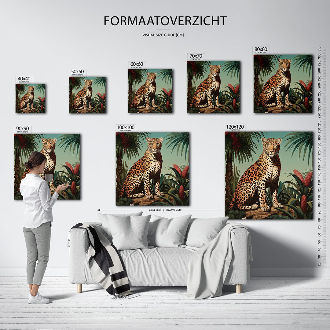 Tropische dierenwereld kunstwerk – dit kunstwerk toont een majestueuze luipaard te midden van weelderige tropische planten.