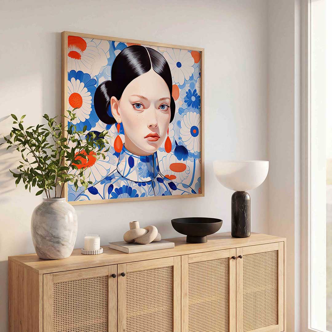 Vrouw met bloemen – illustratie poster in vierkant formaat