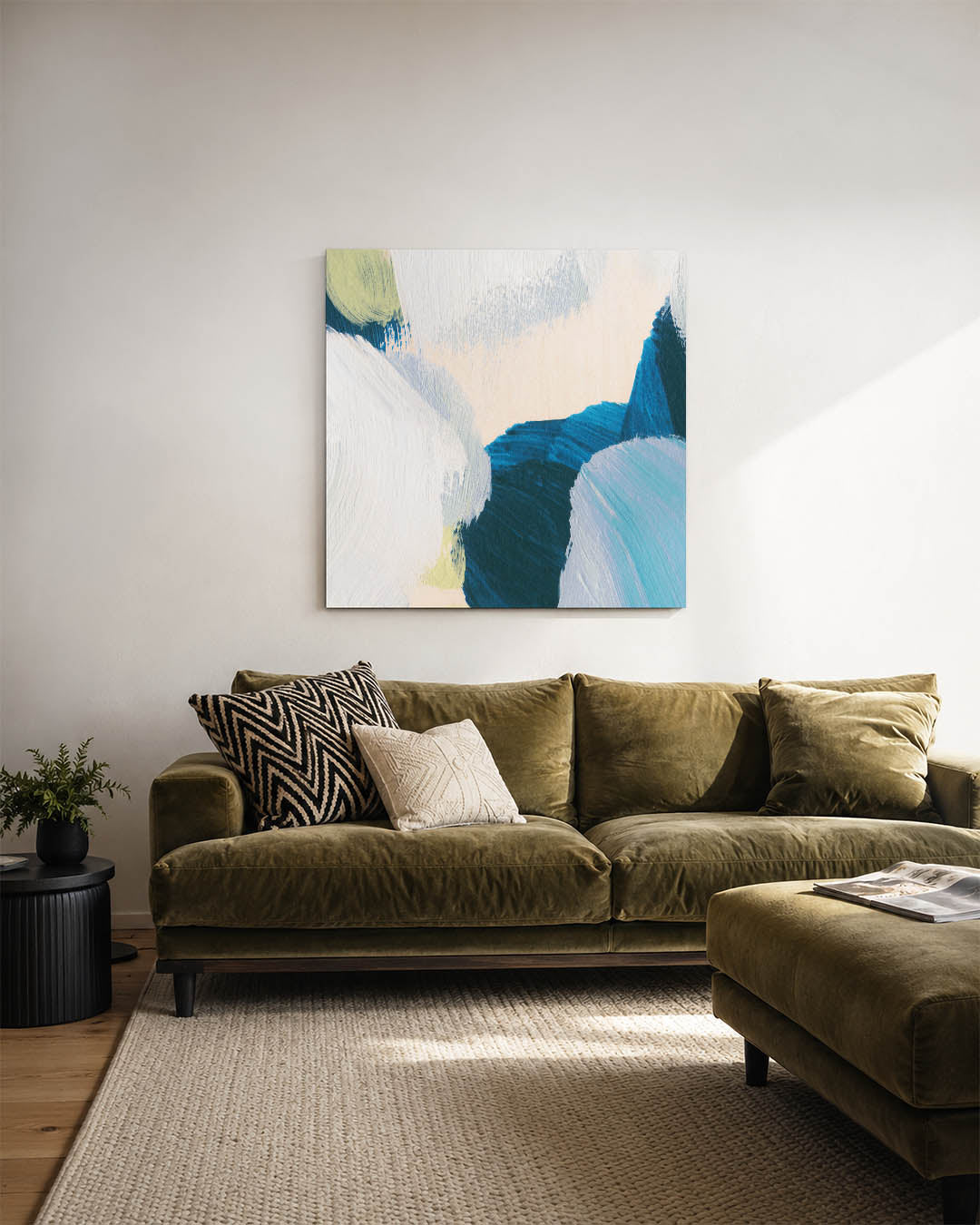 Dynamische kleurencompositie kunstwerk – sfeerbeeld – dit kunstwerk toont een levendige mix van blauwe en groene tinten