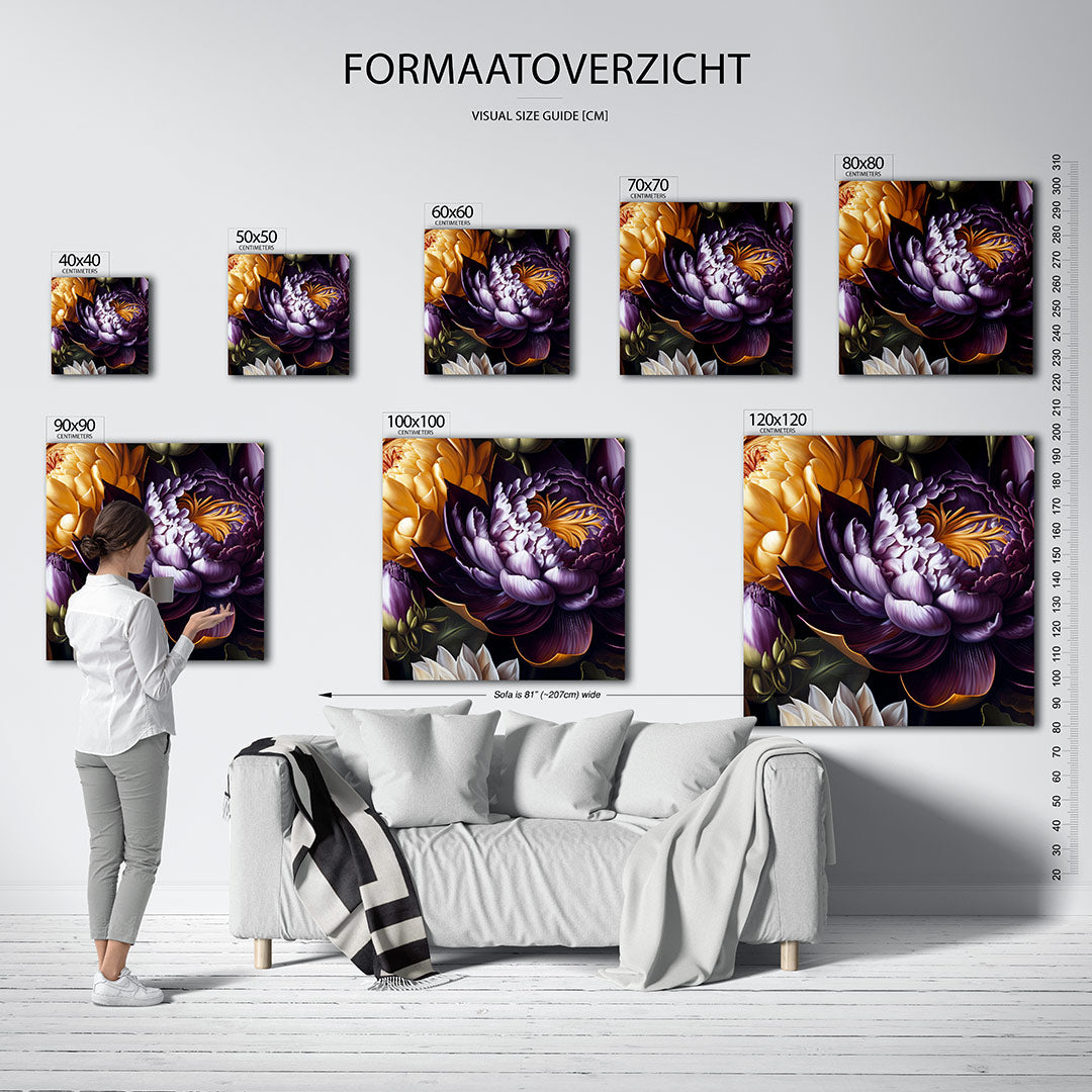 Bloemrijke harmonie kunstwerk – dit kunstwerk toont een weelderige compositie van bloemen in rijke tinten. De levendige