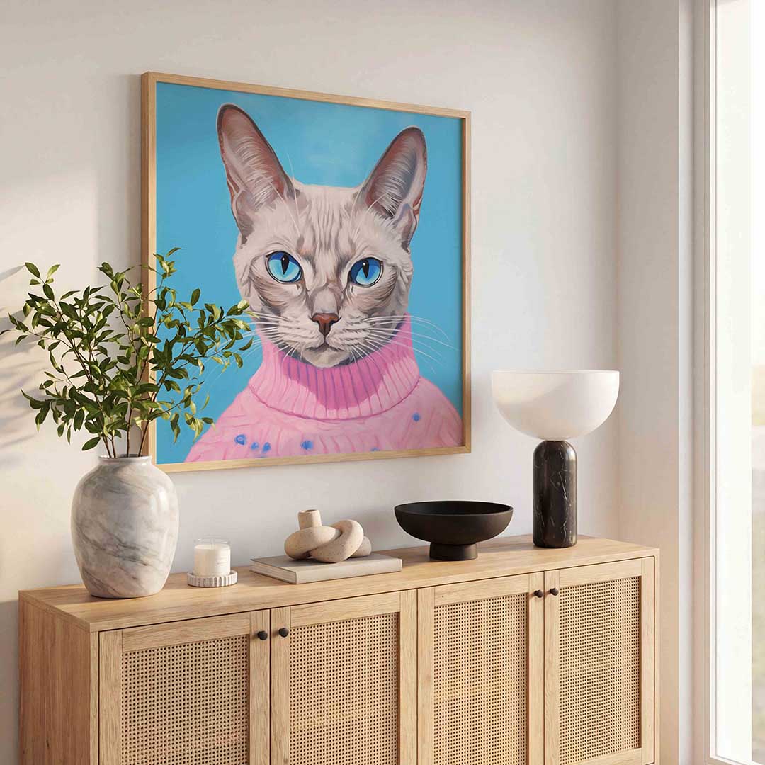 Kat met roze trui – dierenillustratie als vierkante poster