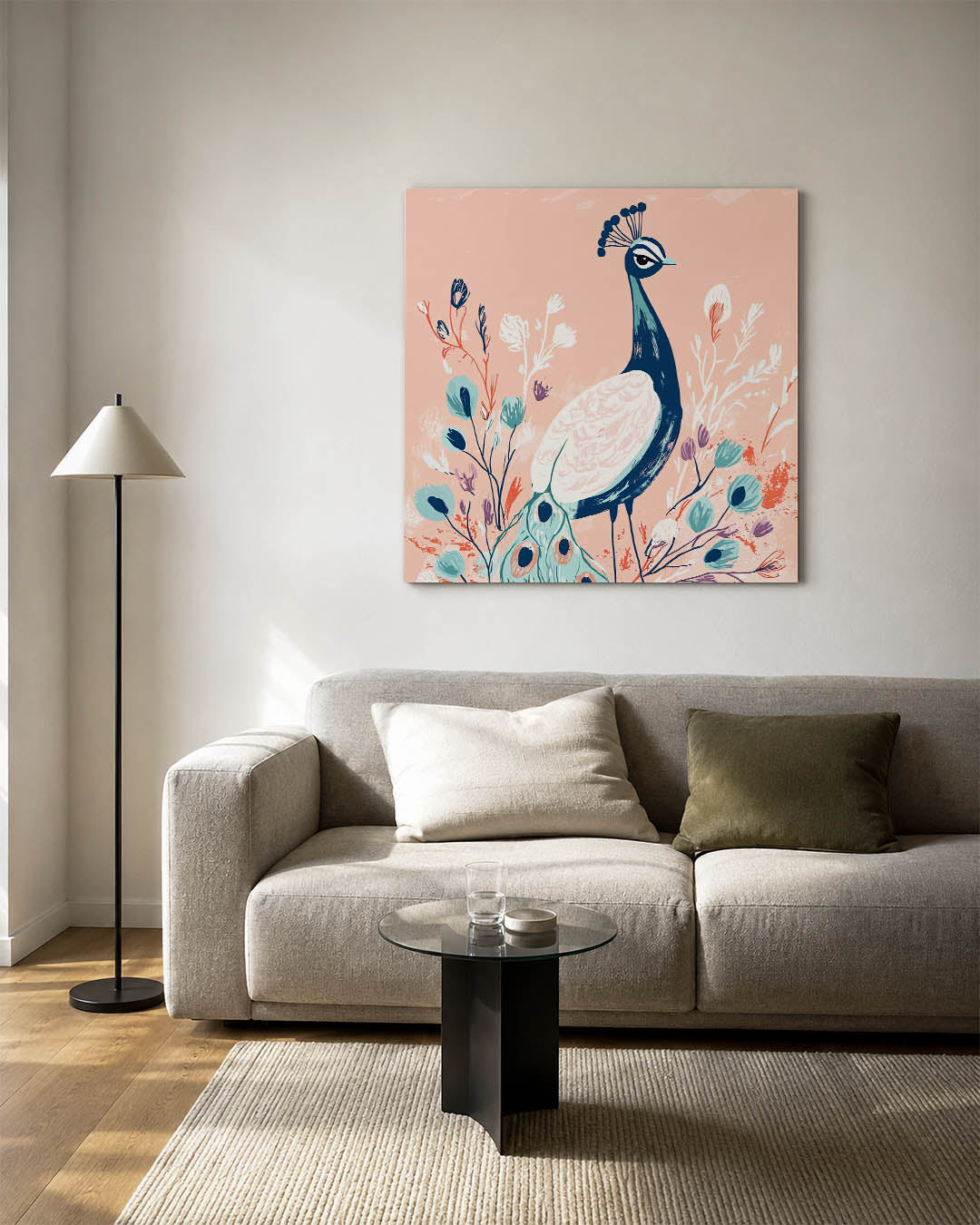 Vogels en bloemen kunstwerk – detailweergave – dit werk toont een sierlijke vogel omringd door bloemen. De zachte kleuren en