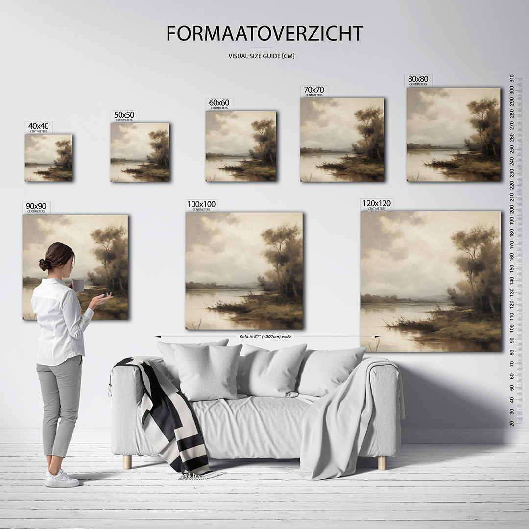 Rustig landschap kunstwerk – sfeerbeeld – dit kunstwerk toont een sereen landschap met zachte kleuren en een rustige