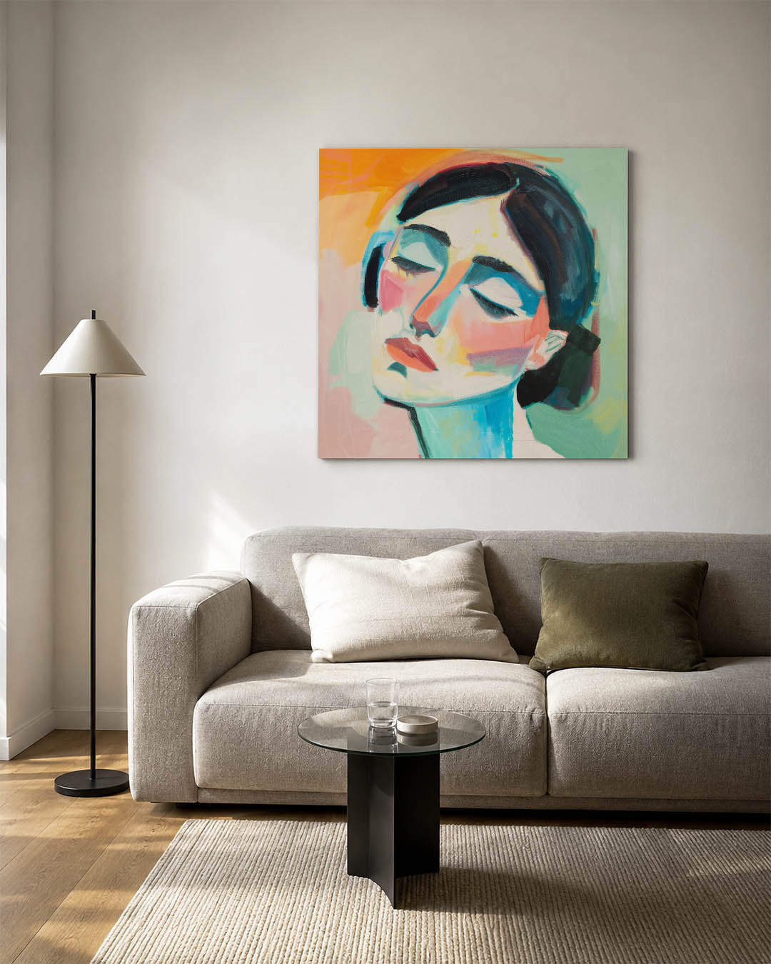 Dromerige kleurencompositie kunstwerk – vierkante wanddecoratie – dit kunstwerk toont een serene gezichtsuitdrukking met
