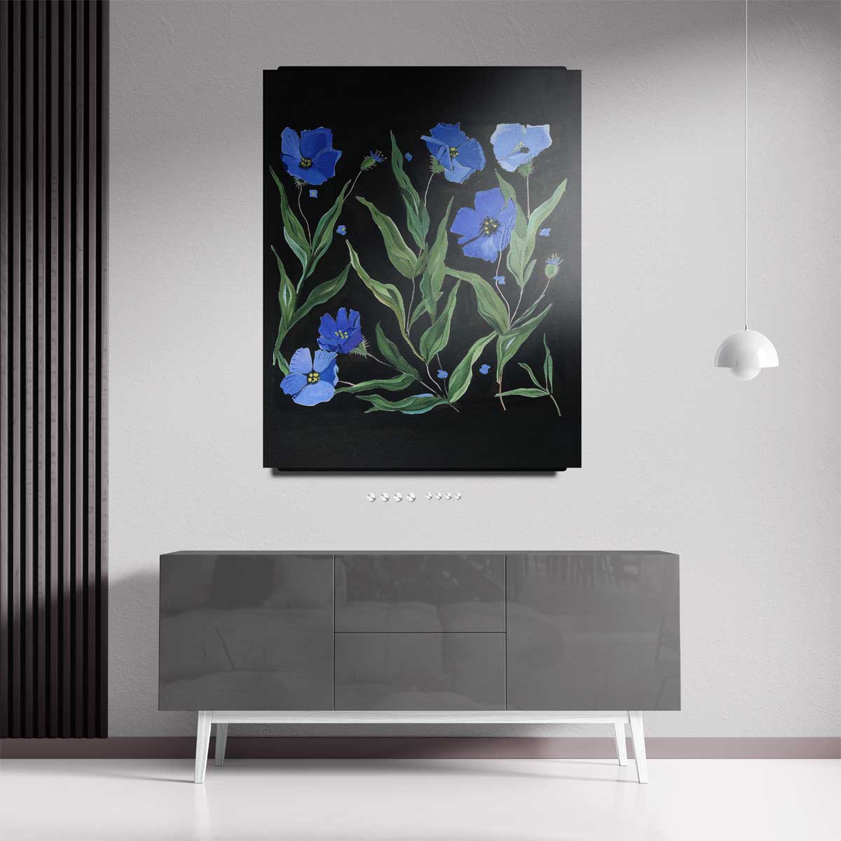Blauw Bloemenfeest – kunstwerk met zwarte baklijst