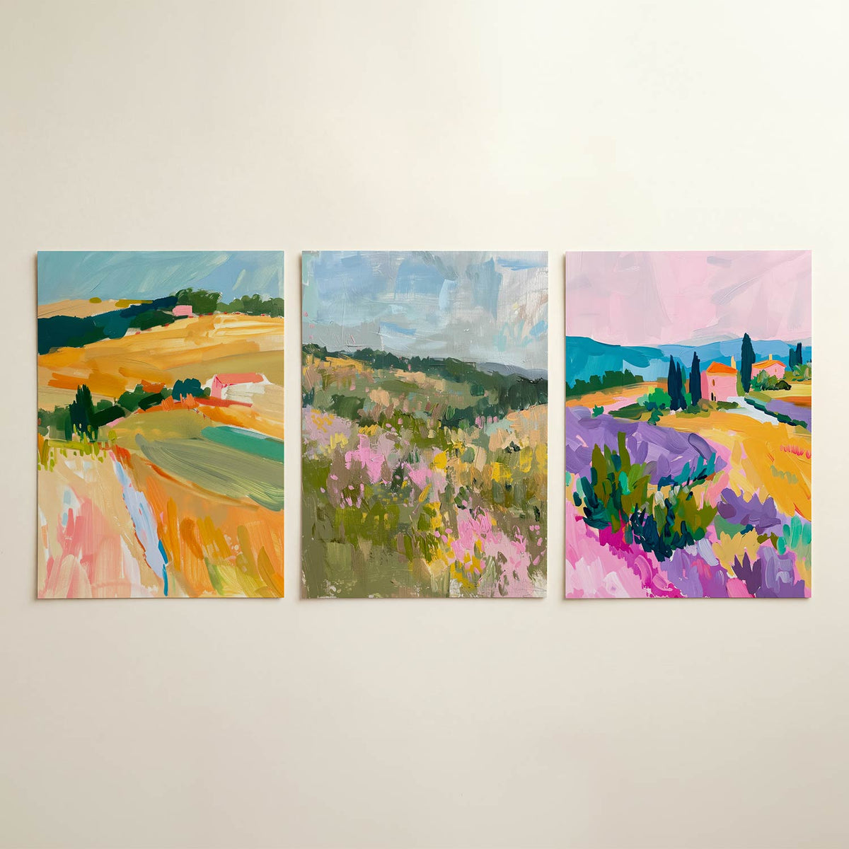 Kleurrijke landschapssferen posterset – detailweergave – deze posterset in drie delen toont een levendig landschap