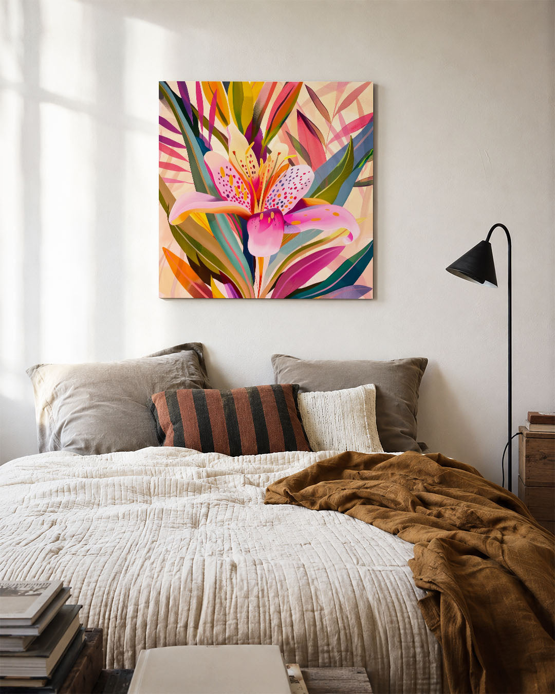 Kleurrijke bloemvormen kunstwerk – detailweergave – dit werk toont een levendige compositie van overlappende bloemvormen in
