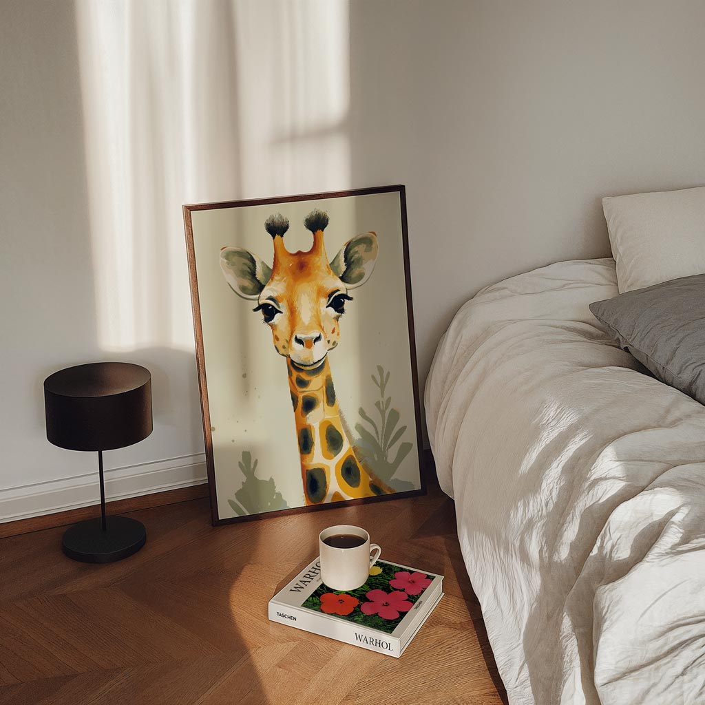 Vrolijke Giraffe Kunstposter – staande kinderkamer wanddecoratie van WallArtistic