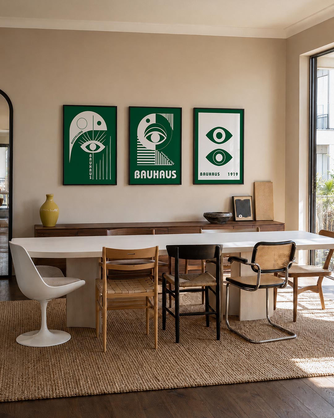 Oog en lijnen posterset – tweede productweergave – deze posterset in drie delen toont een wit oog met stralen op een groene