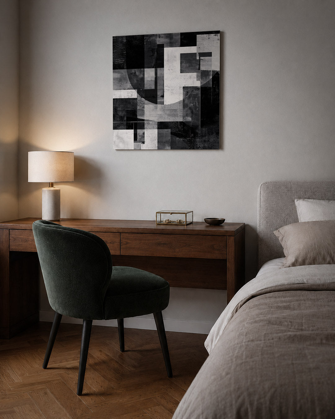 Geometrische vormen compositie kunstwerk – sfeerbeeld – dit werk toont een dynamisch spel van rechthoeken en cirkels in