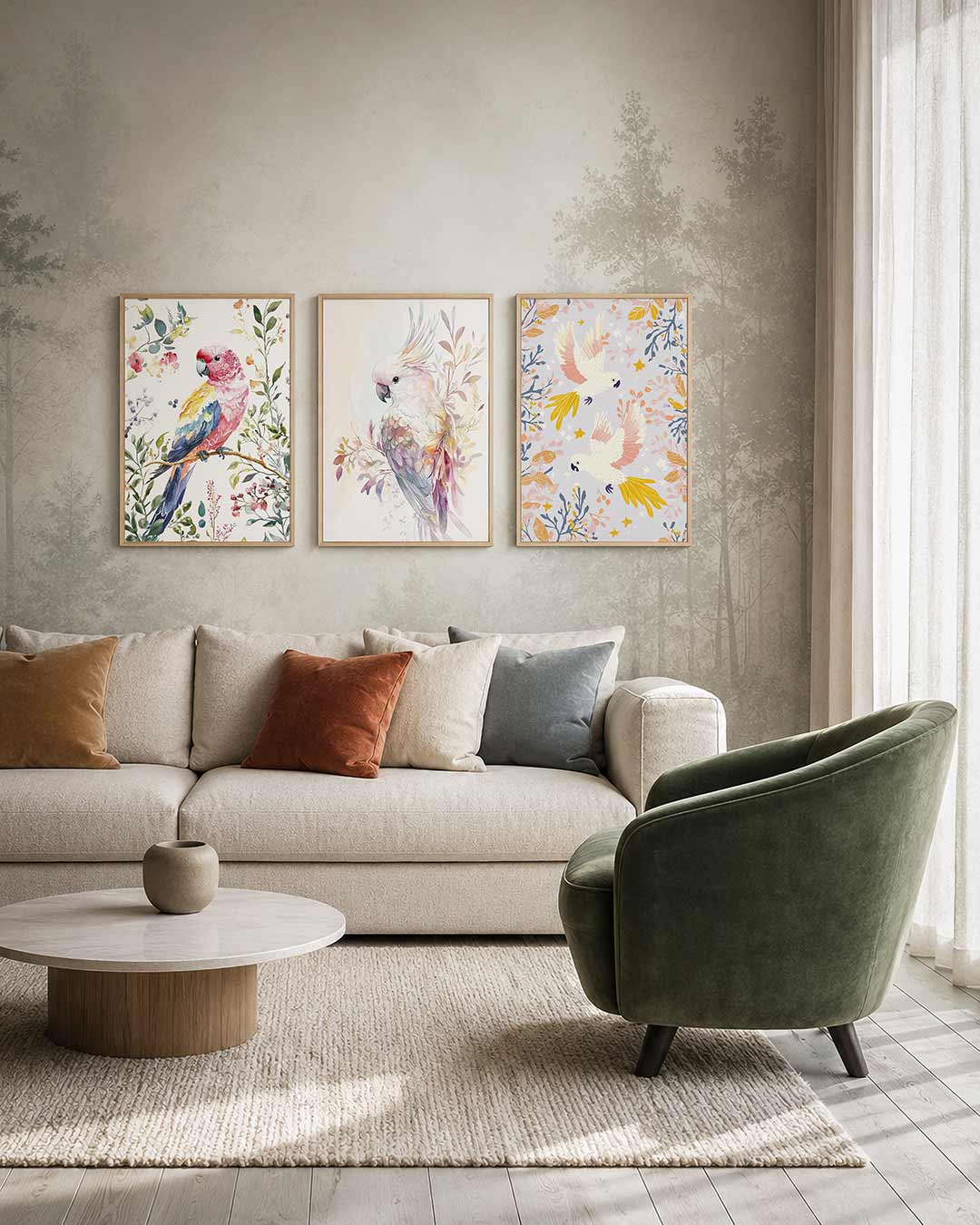 Vogel en bloemen driedelige posterset – een kleurrijke vogel zit op een tak, omringd door delicate
