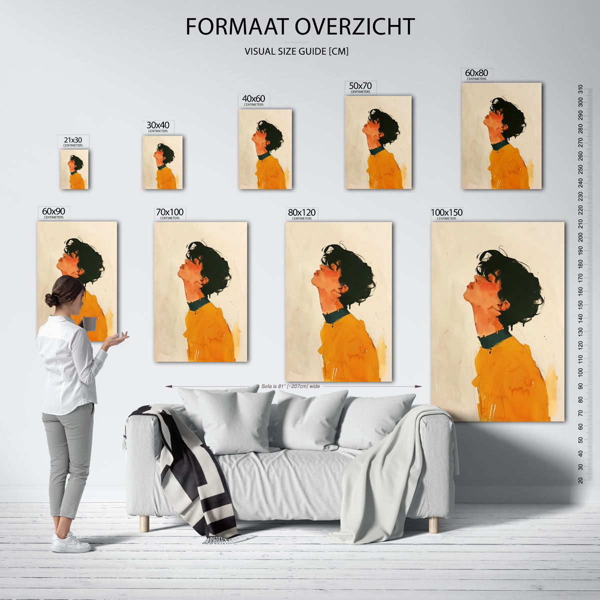 Portret met oranje trui – staande muurposter met hedendaagse illustratie