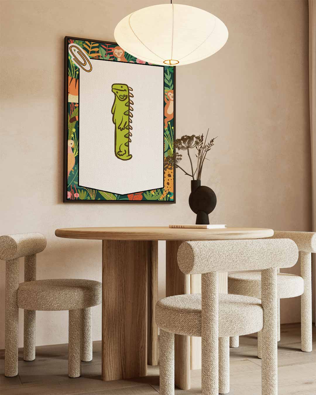 Vrolijke Groene Leguaan Illustratie – kunstwerk met zwarte baklijst
