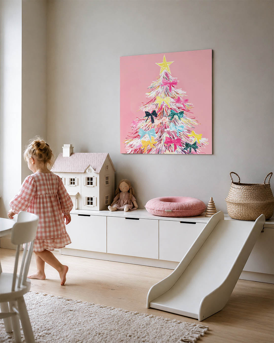 Kleurrijke kerstboom kunstwerk – tweede productweergave – dit werk toont een feestelijke kerstboom met een ster bovenop