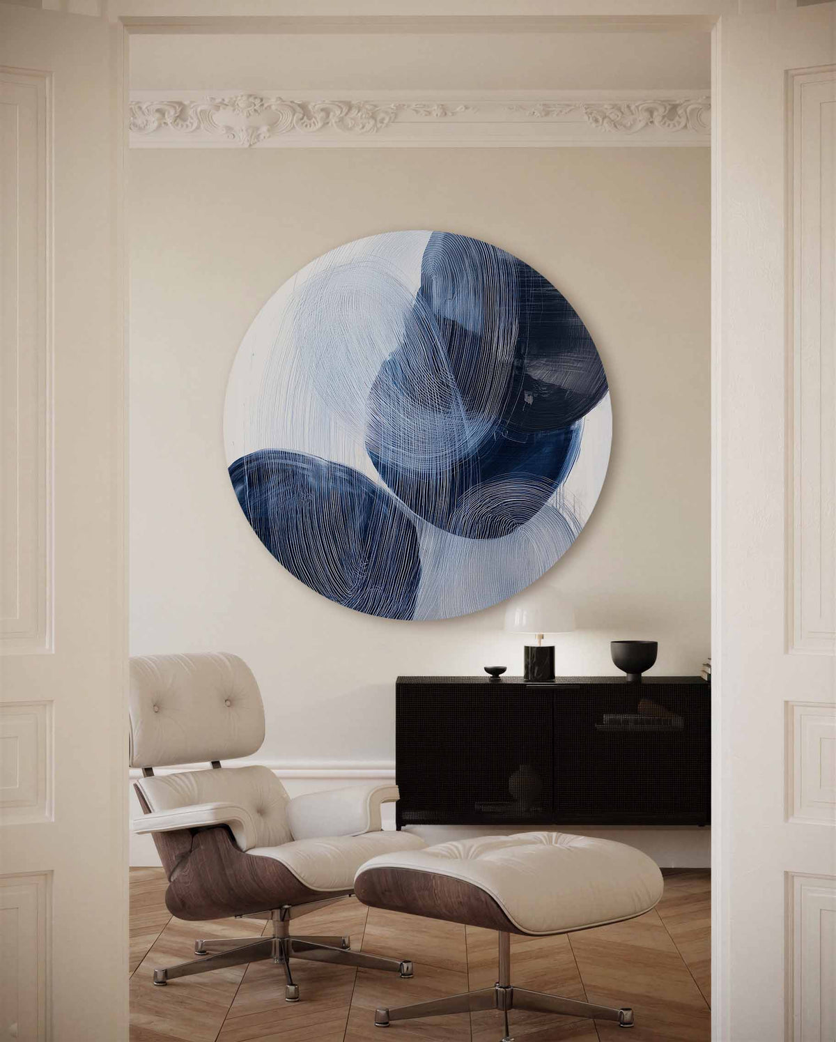 Abstracte blauwe vormen – portret muurcirkel als ronde muurdecoratie