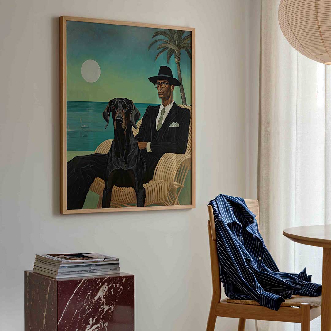 Man met hond en palmboom – kleurrijke illustratie poster in staand formaat