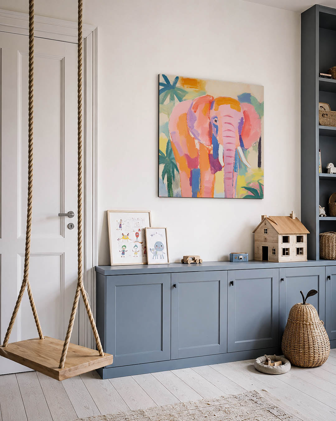 Kleurrijke olifant kunstwerk – vierkante wanddecoratie – dit werk toont een olifant in levendige kleuren met speelse