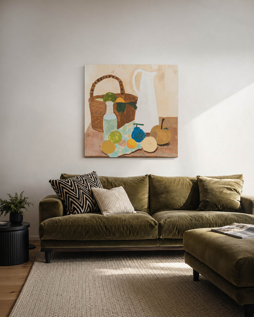 Fruit en mand kunstwerk – derde productweergave – dit werk toont een stilleven met een mand, fruit en een karaf. De kleuren