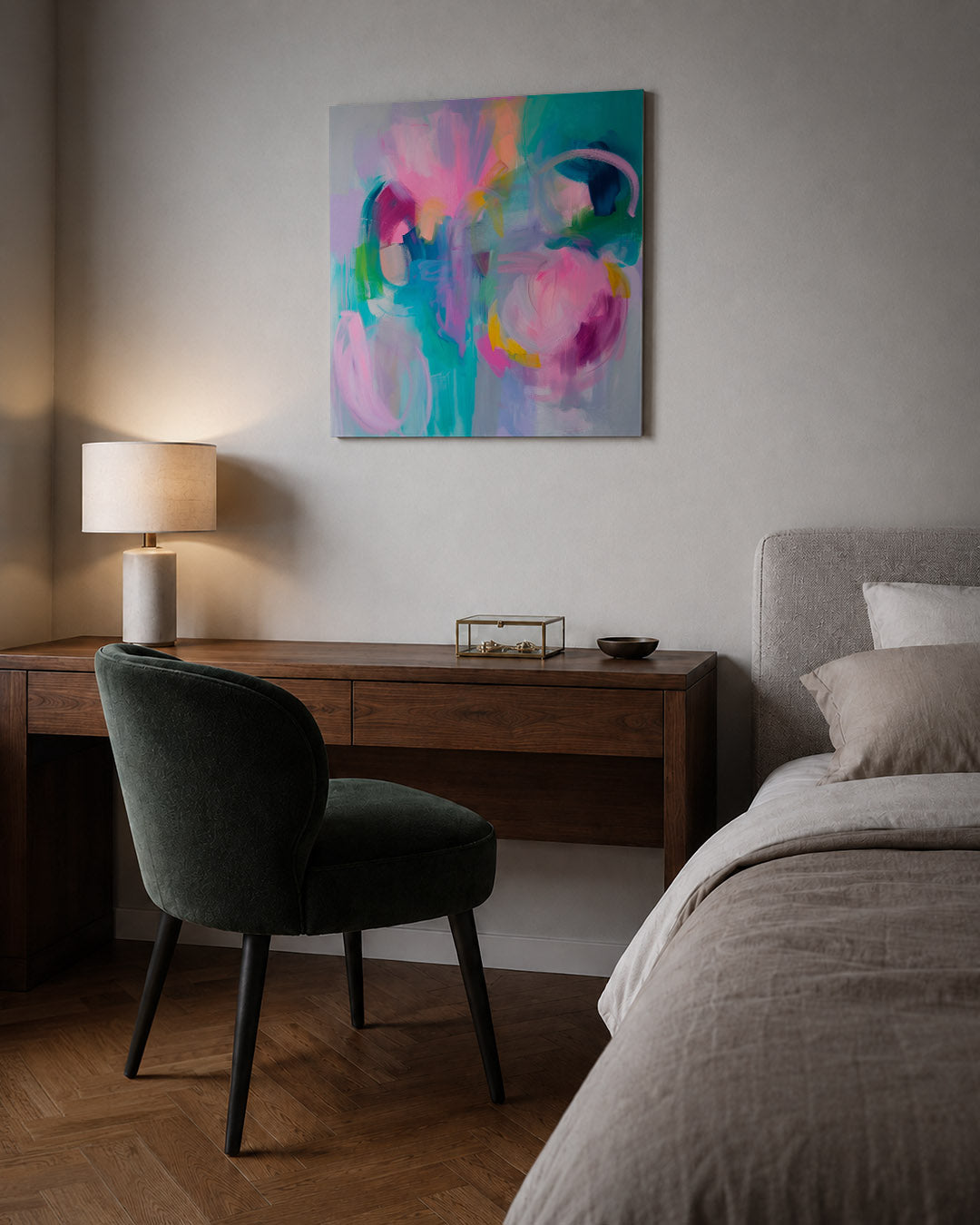 Dynamische kleurenexplosie kunstwerk – sfeerbeeld – dit kunstwerk toont een levendige mix van vloeiende vormen en dynamische