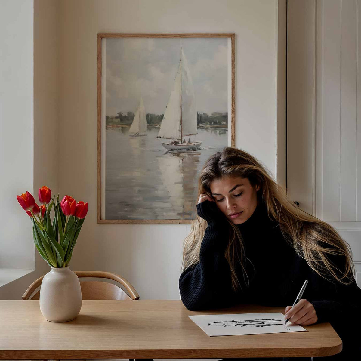 Zeilboot op Rustige Zee – staande muurposter met vintage uitstraling