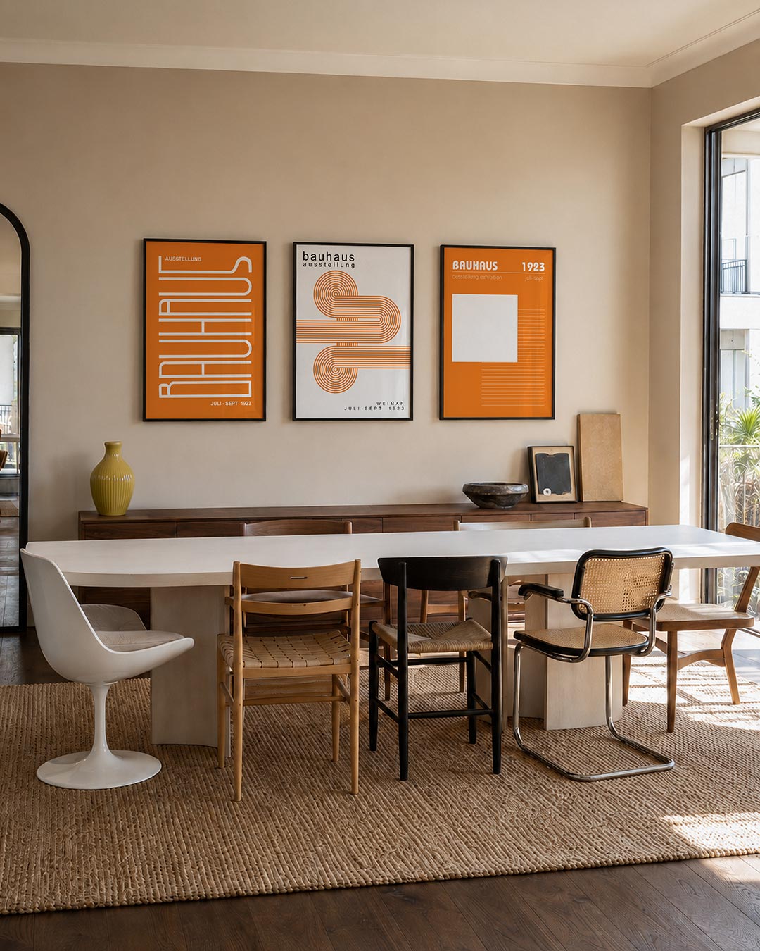 Lijnen en kleurvlakken posterset – tweede productweergave – een levendige oranje achtergrond met witte, vloeiende lijnen die